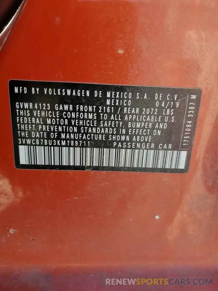 13 Photograph of a damaged car 3VWCB7BU3KM189711 VOLKSWAGEN JETTA 2019