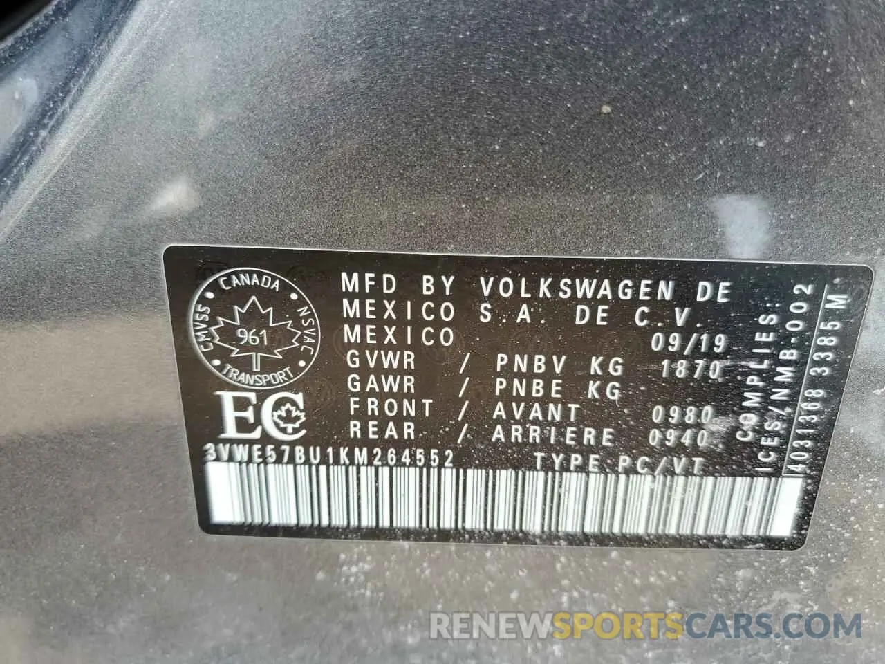 12 Photograph of a damaged car 3VWE57BU1KM264552 VOLKSWAGEN JETTA 2019