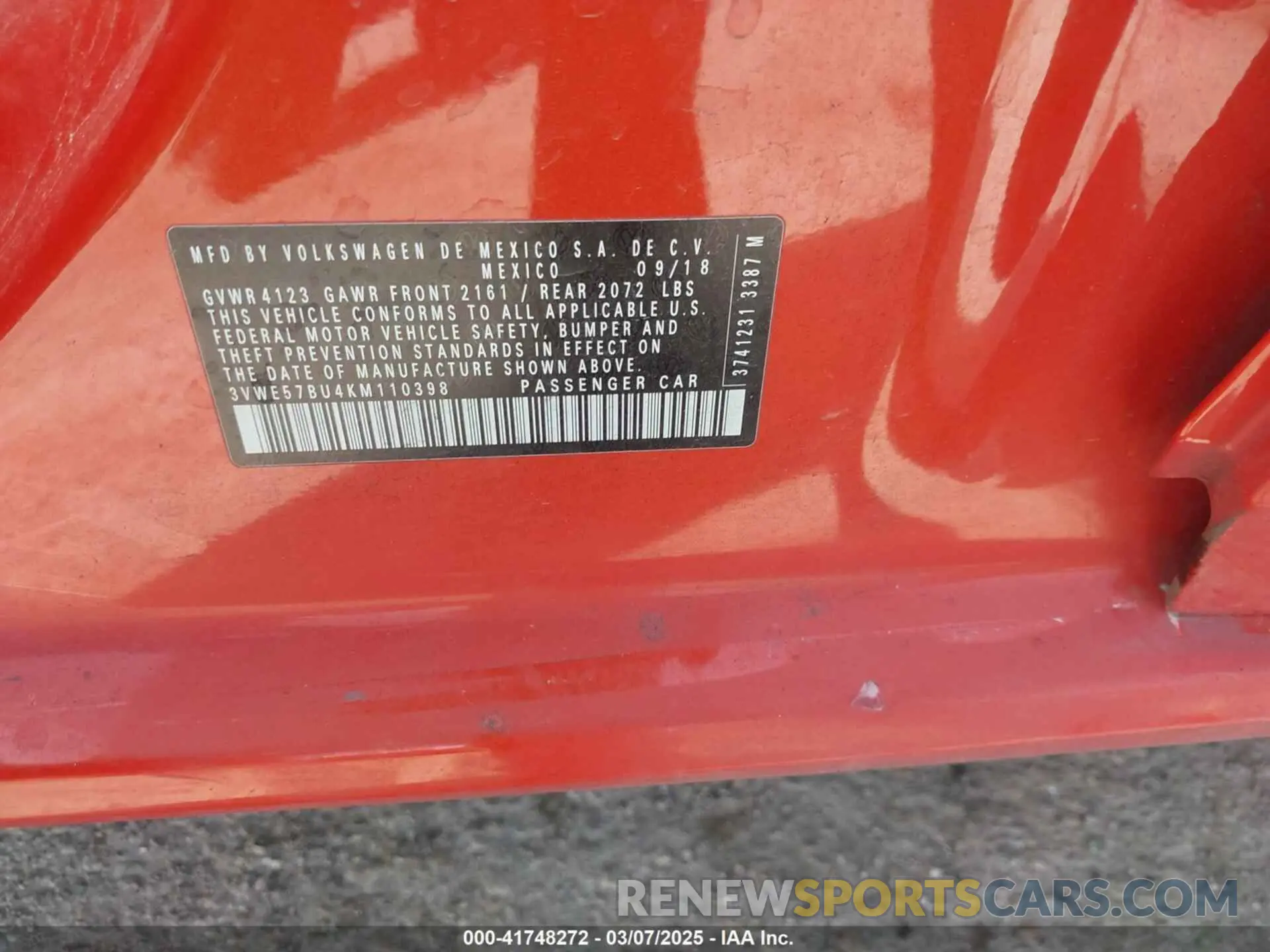 9 Photograph of a damaged car 3VWE57BU4KM110398 VOLKSWAGEN JETTA 2019