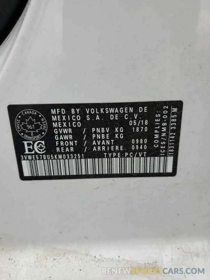12 Photograph of a damaged car 3VWE57BU5KM033251 VOLKSWAGEN JETTA 2019