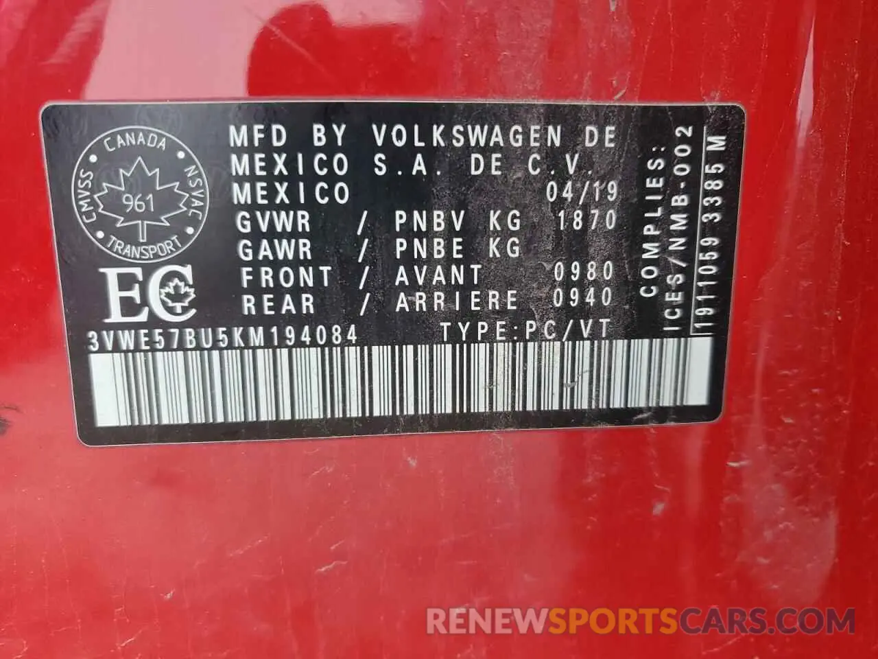 13 Photograph of a damaged car 3VWE57BU5KM194084 VOLKSWAGEN JETTA 2019