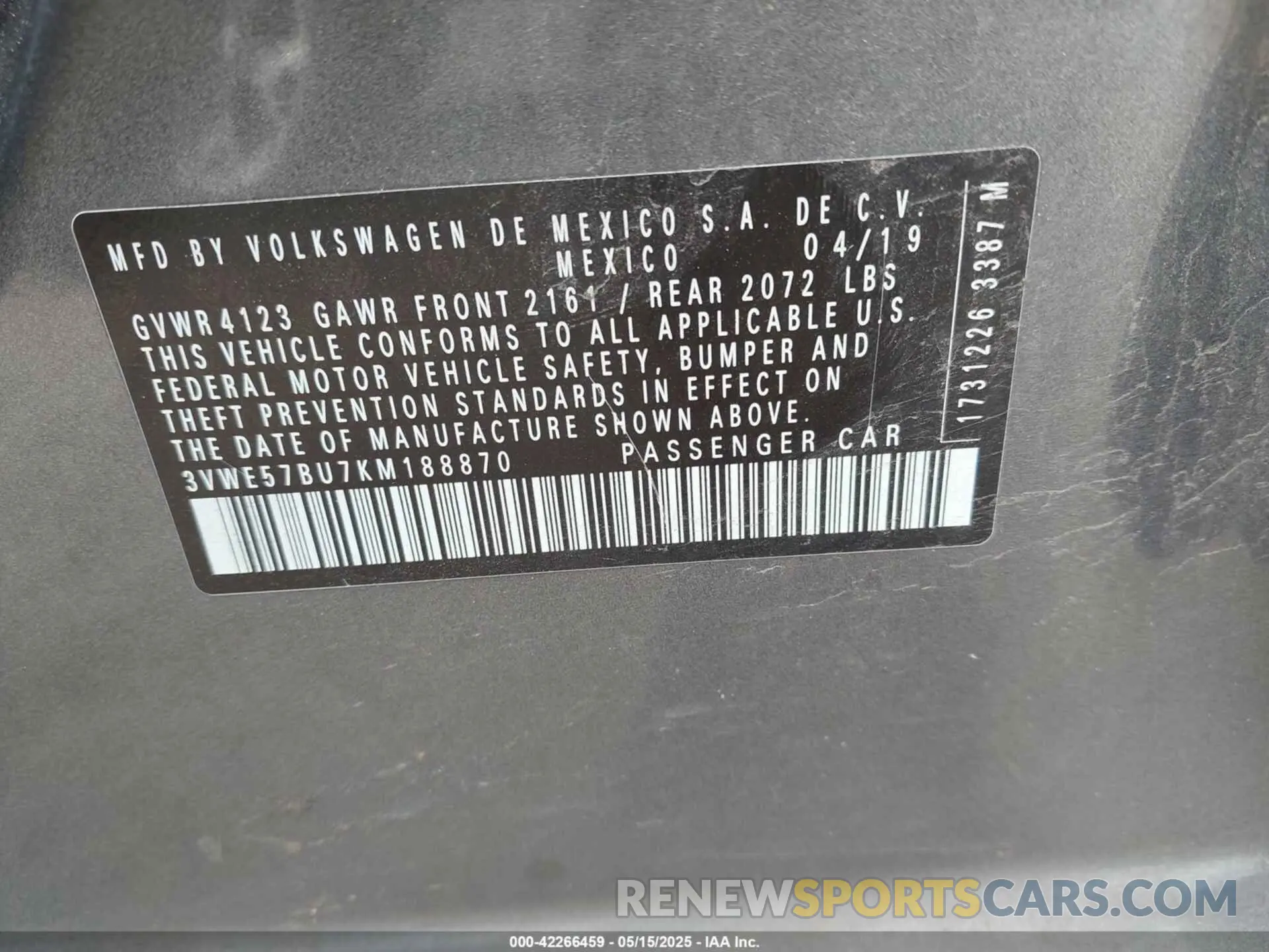 9 Photograph of a damaged car 3VWE57BU7KM188870 VOLKSWAGEN JETTA 2019