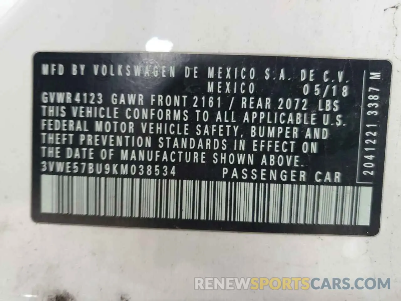12 Photograph of a damaged car 3VWE57BU9KM038534 VOLKSWAGEN JETTA 2019