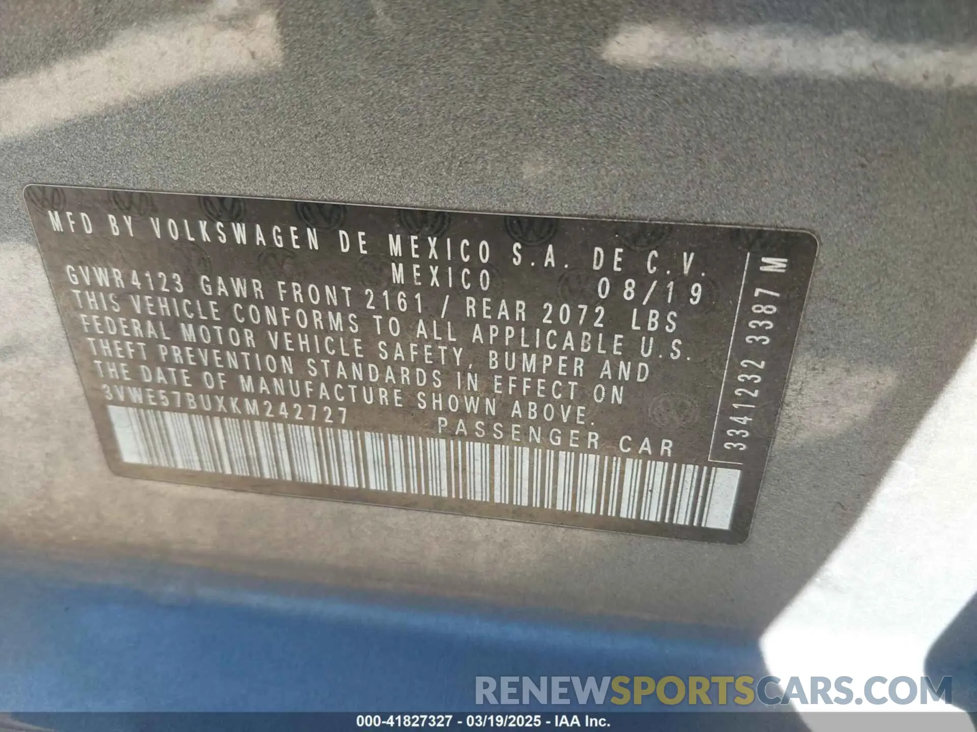 9 Photograph of a damaged car 3VWE57BUXKM242727 VOLKSWAGEN JETTA 2019