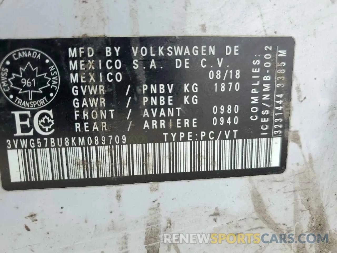 13 Photograph of a damaged car 3VWG57BU8KM089709 VOLKSWAGEN JETTA 2019