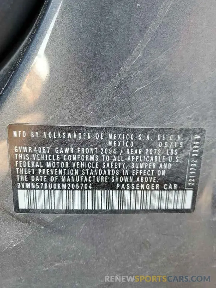 13 Photograph of a damaged car 3VWN57BU0KM205704 VOLKSWAGEN JETTA 2019
