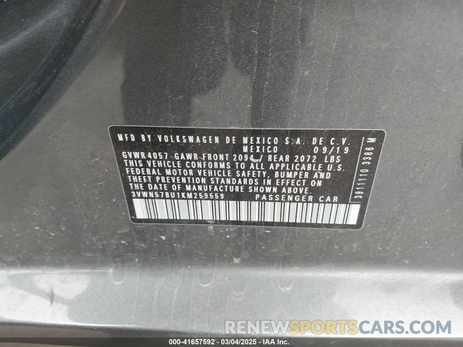 9 Photograph of a damaged car 3VWN57BU1KM259559 VOLKSWAGEN JETTA 2019
