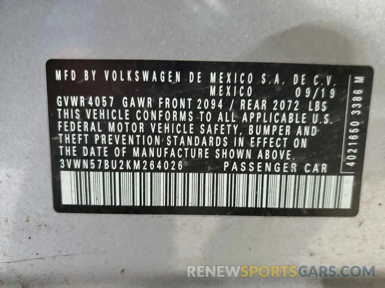 12 Photograph of a damaged car 3VWN57BU2KM264026 VOLKSWAGEN JETTA 2019