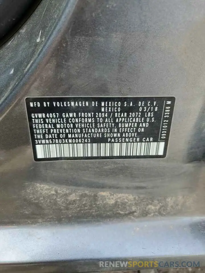 12 Photograph of a damaged car 3VWN57BU3KM006243 VOLKSWAGEN JETTA 2019