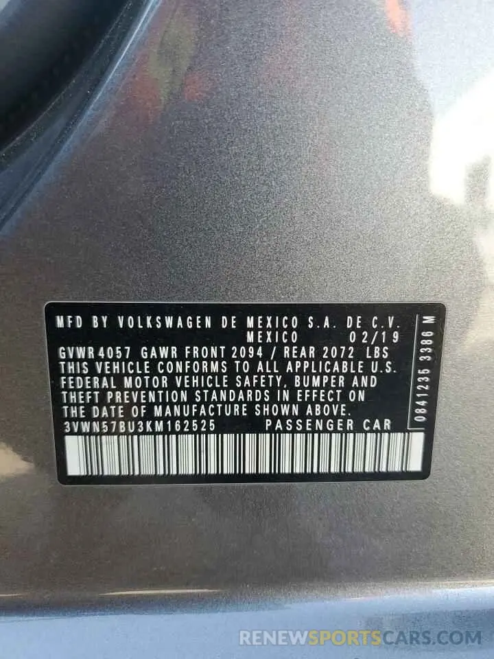 12 Photograph of a damaged car 3VWN57BU3KM162525 VOLKSWAGEN JETTA 2019