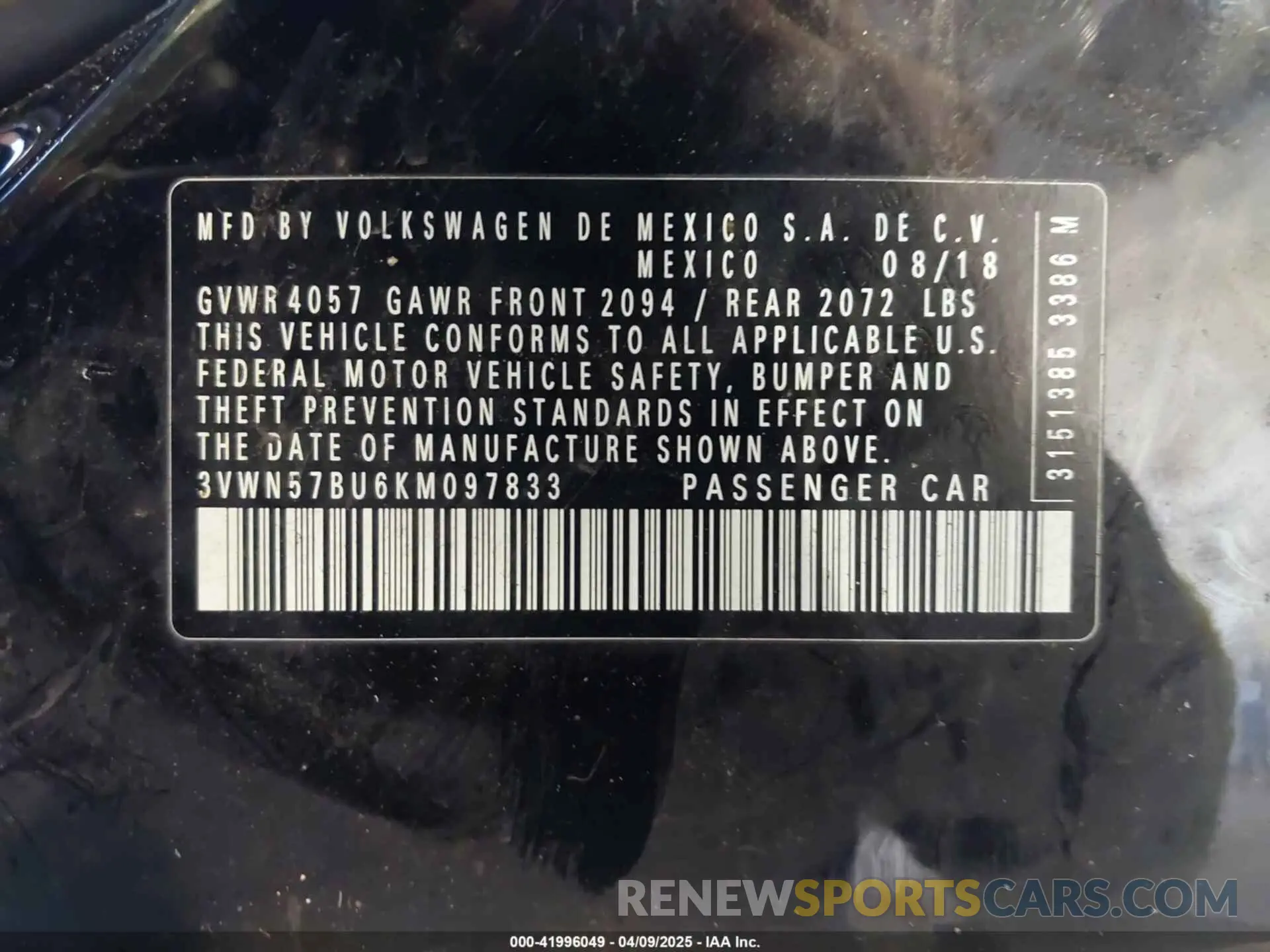 9 Photograph of a damaged car 3VWN57BU6KM097833 VOLKSWAGEN JETTA 2019