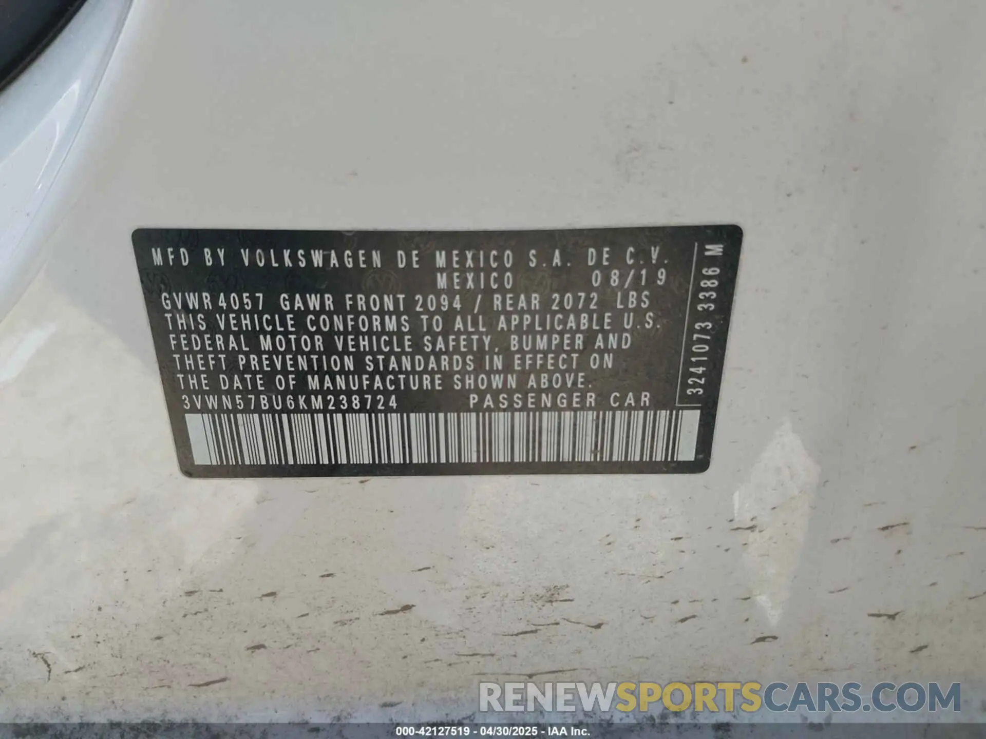 9 Photograph of a damaged car 3VWN57BU6KM238724 VOLKSWAGEN JETTA 2019