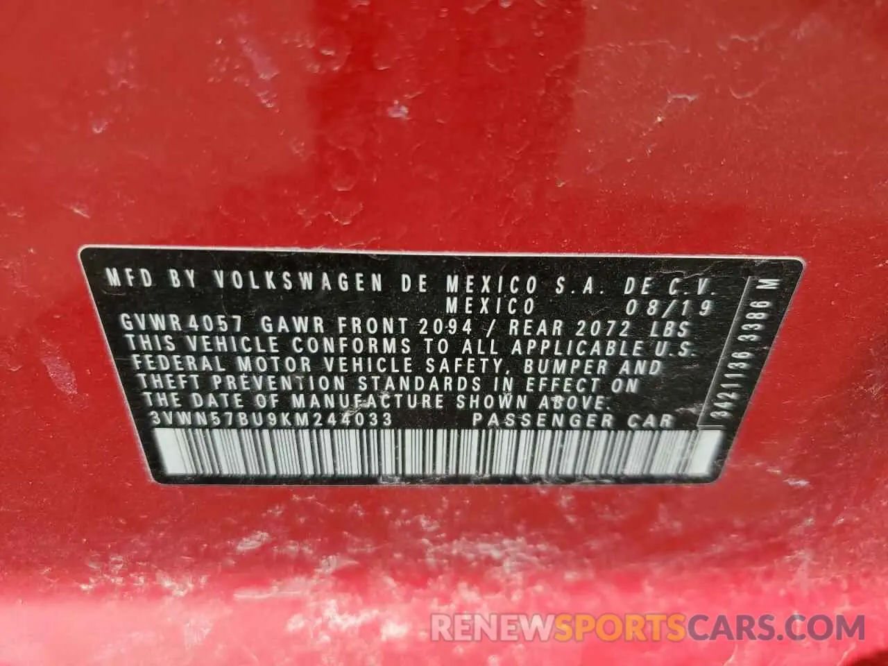 12 Photograph of a damaged car 3VWN57BU9KM244033 VOLKSWAGEN JETTA 2019