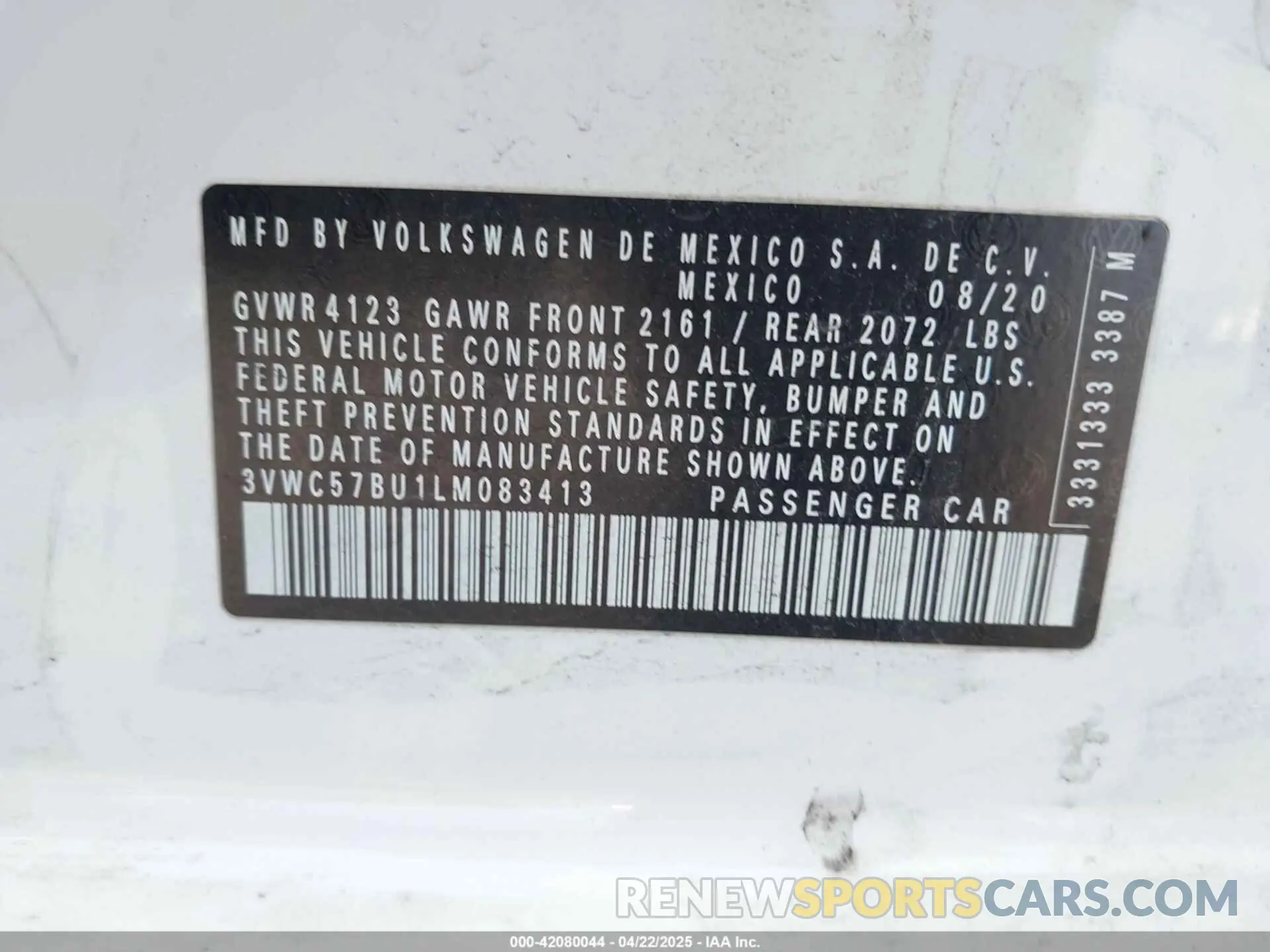 9 Photograph of a damaged car 3VWC57BU1LM083413 VOLKSWAGEN JETTA 2020