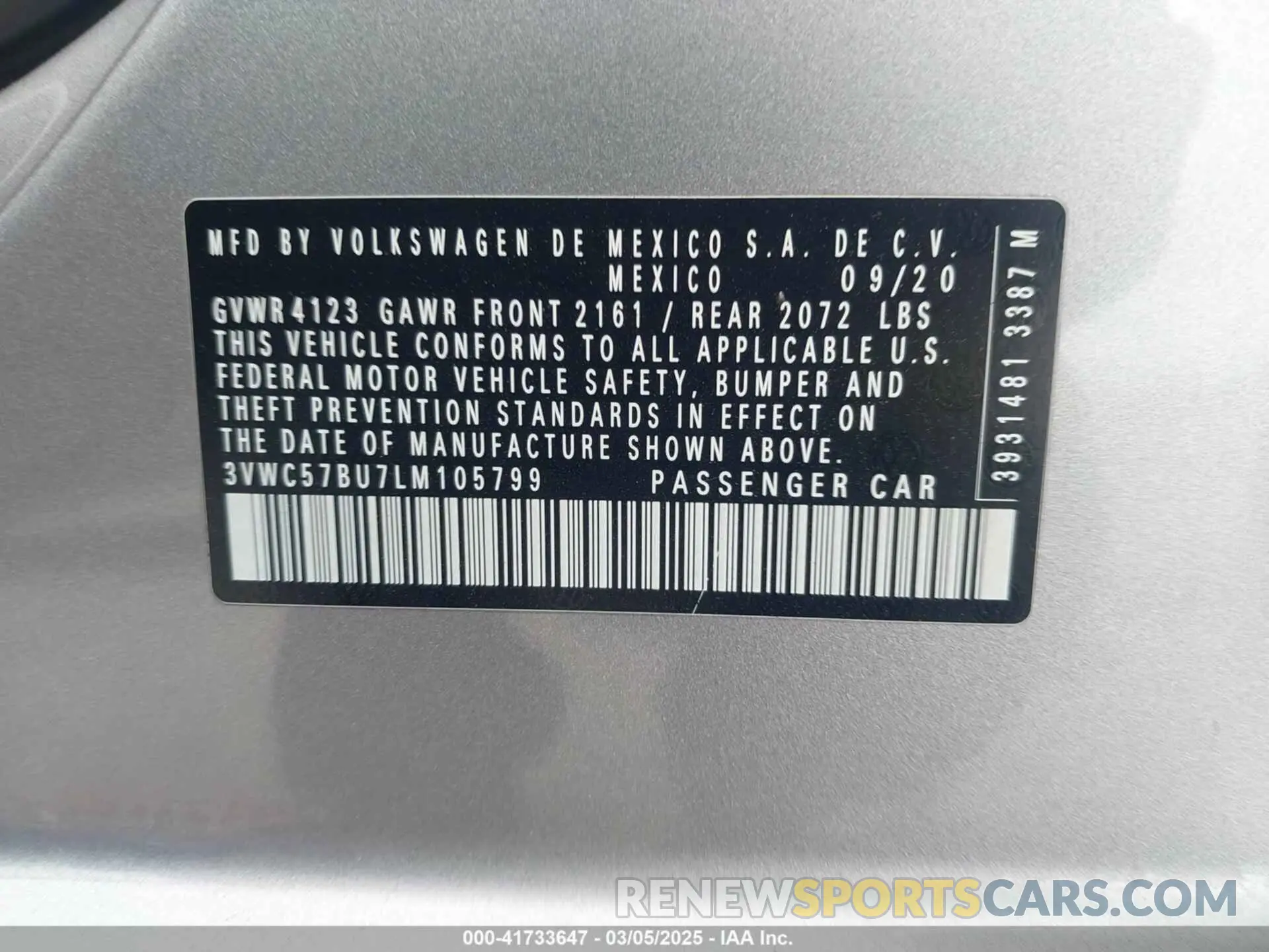 9 Photograph of a damaged car 3VWC57BU7LM105799 VOLKSWAGEN JETTA 2020