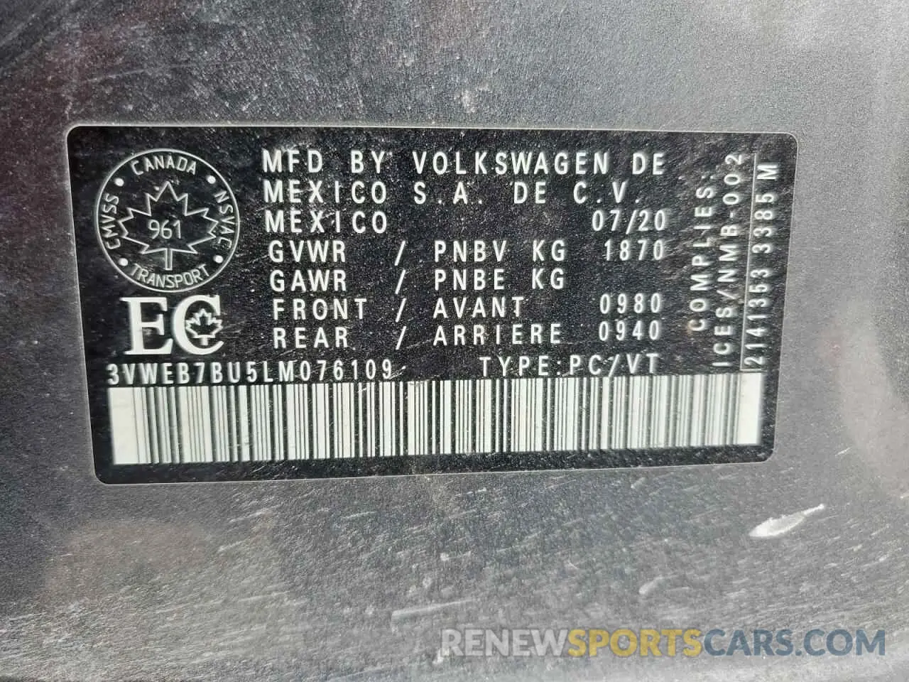 12 Photograph of a damaged car 3VWEB7BU5LM076109 VOLKSWAGEN JETTA 2020