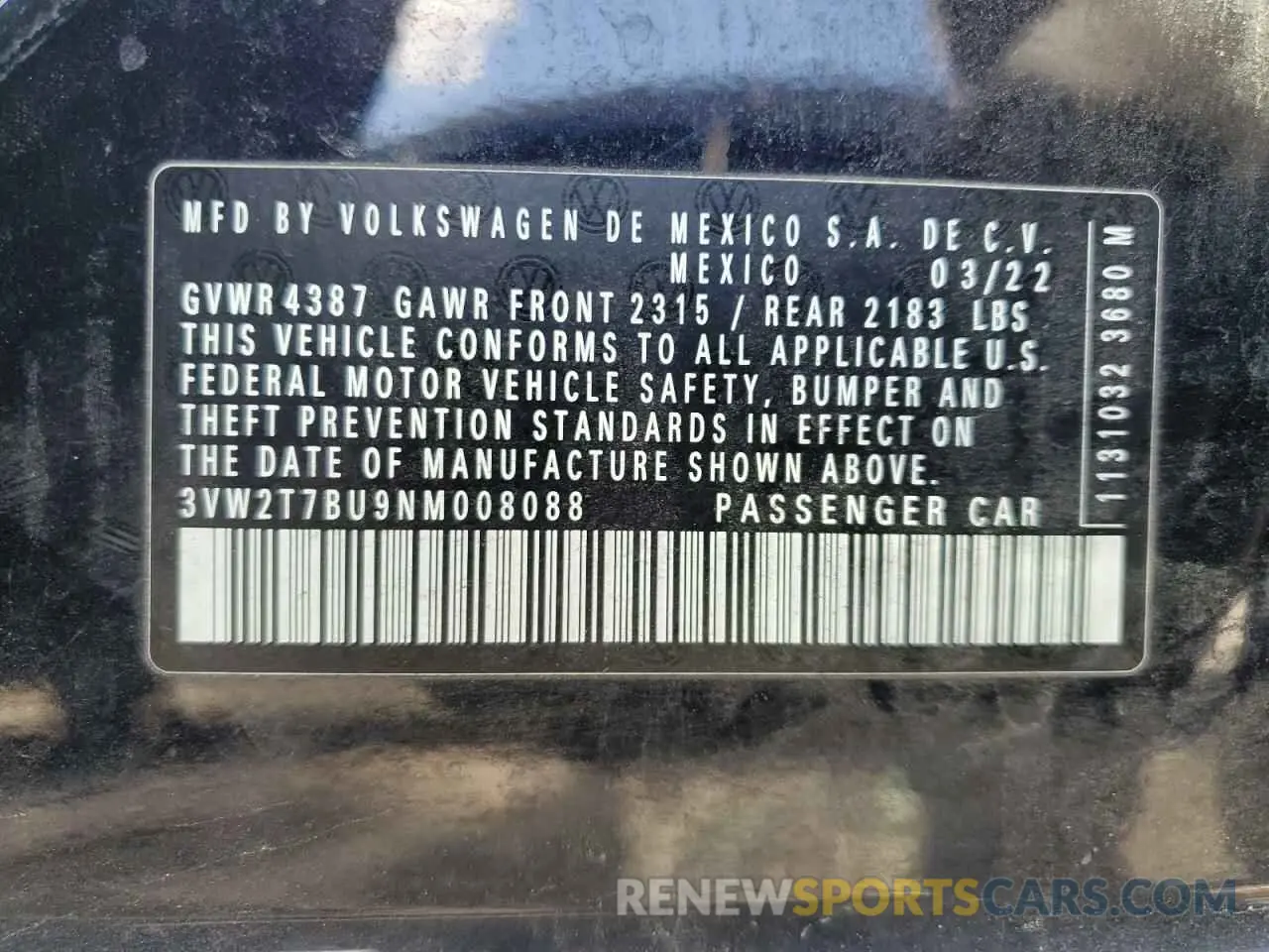 13 Photograph of a damaged car 3VW2T7BU9NM008088 VOLKSWAGEN JETTA 2022