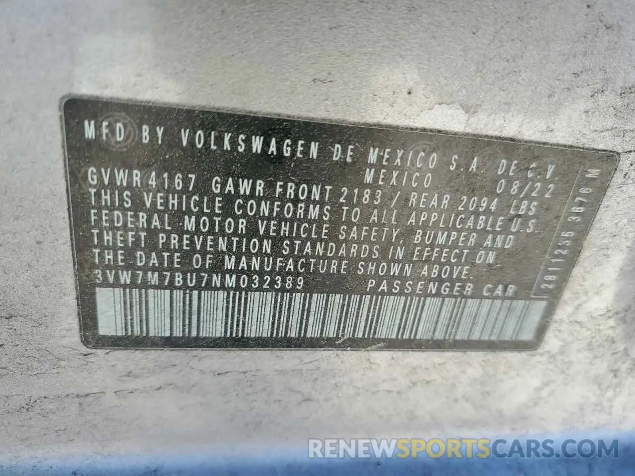 12 Photograph of a damaged car 3VW7M7BU7NM032389 VOLKSWAGEN JETTA 2022