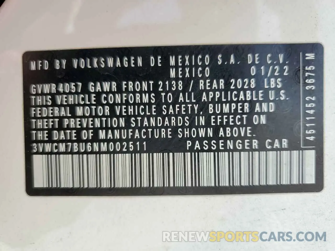 12 Photograph of a damaged car 3VWCM7BU6NM002511 VOLKSWAGEN JETTA 2022