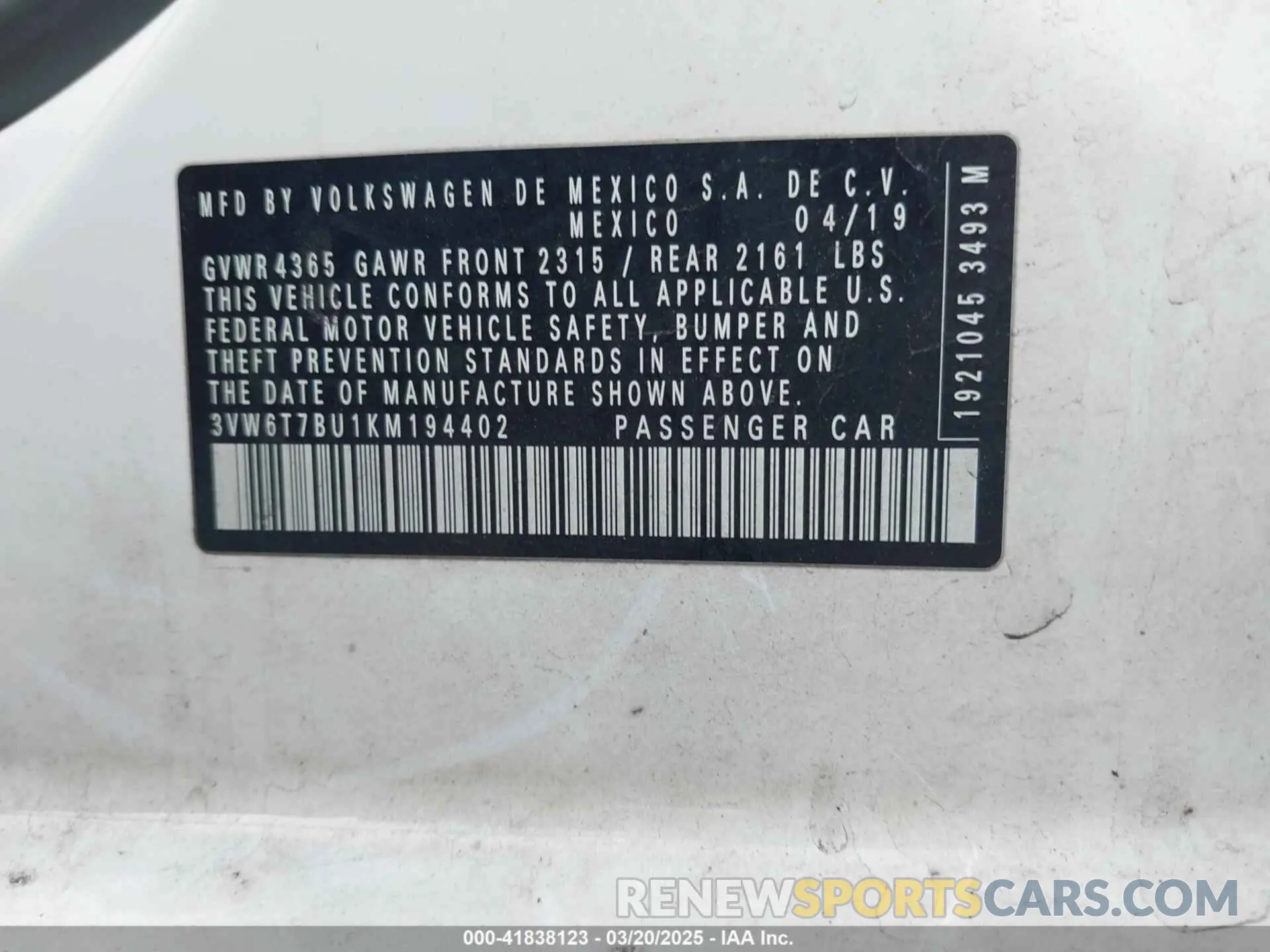 9 Photograph of a damaged car 3VW6T7BU1KM194402 VOLKSWAGEN JETTA GLI 2019