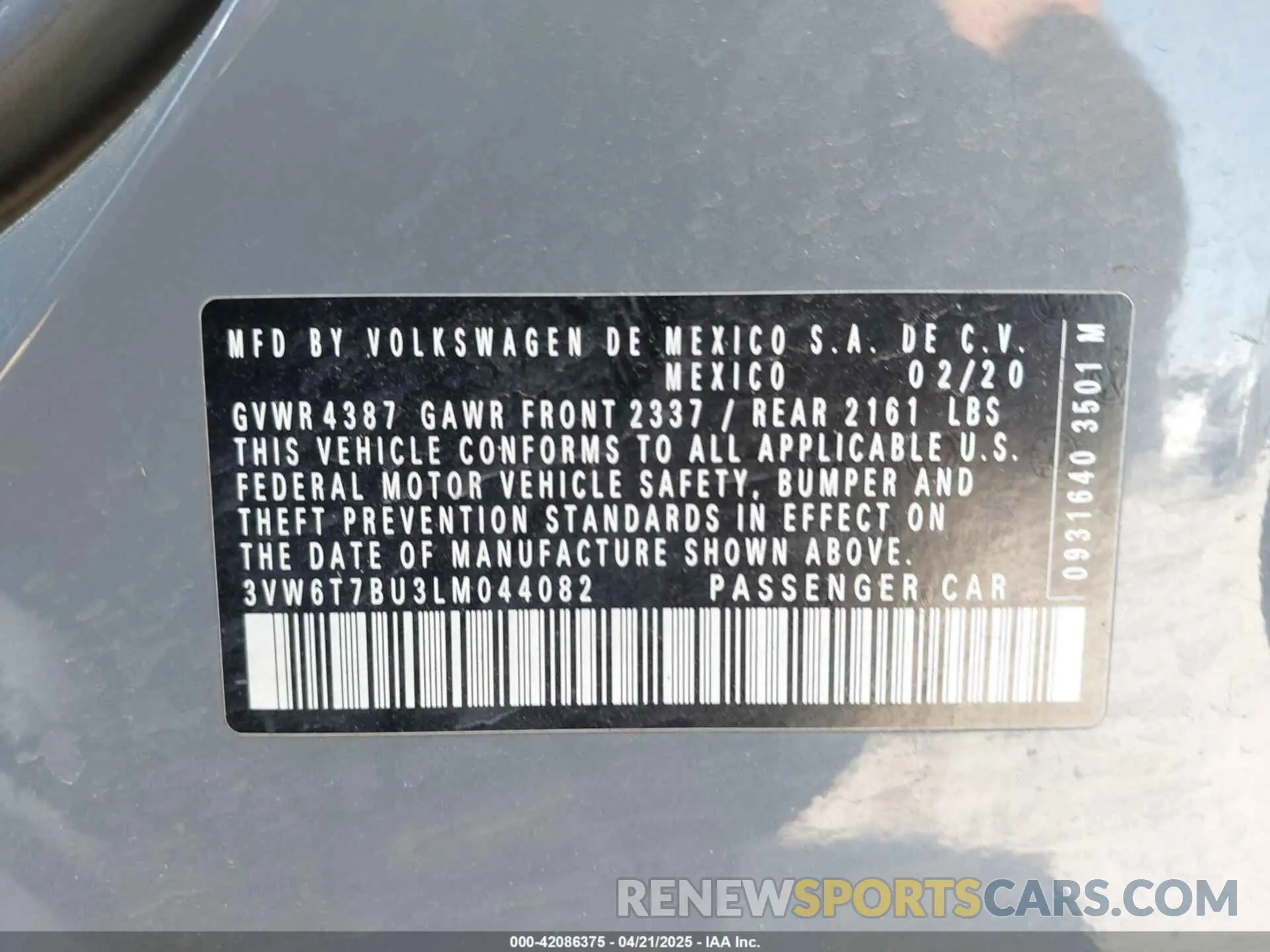 9 Photograph of a damaged car 3VW6T7BU3LM044082 VOLKSWAGEN JETTA GLI 2020