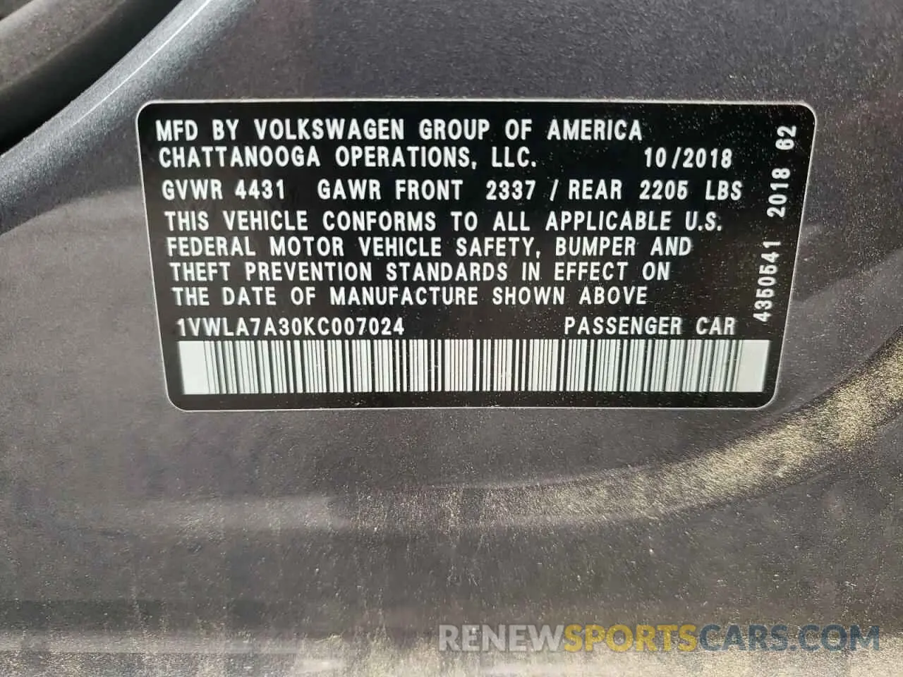 12 Photograph of a damaged car 1VWLA7A30KC007024 VOLKSWAGEN PASSAT 2019