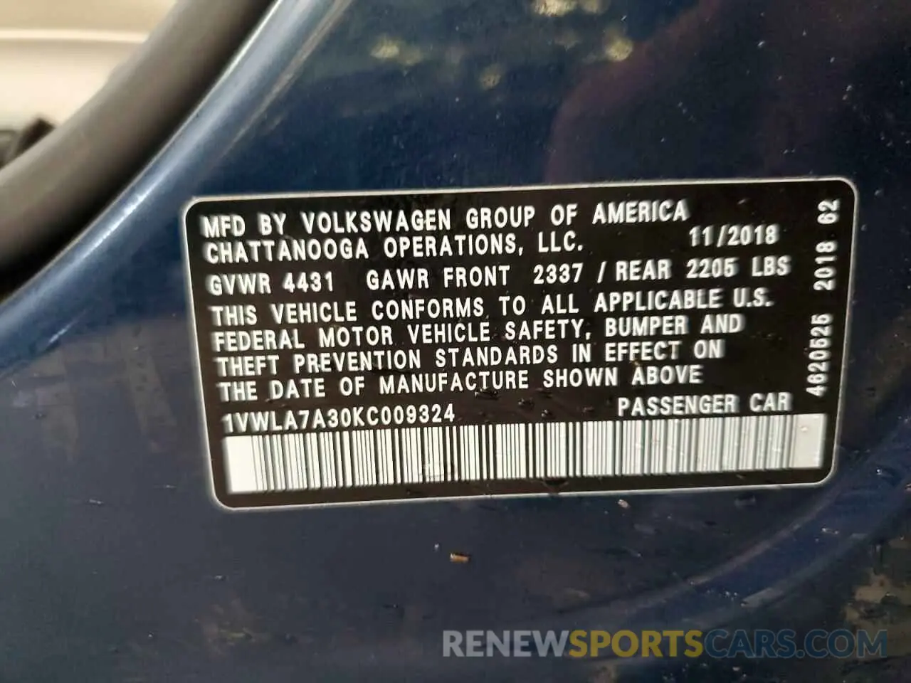 12 Photograph of a damaged car 1VWLA7A30KC009324 VOLKSWAGEN PASSAT 2019