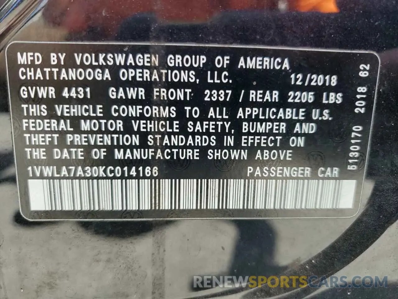12 Photograph of a damaged car 1VWLA7A30KC014166 VOLKSWAGEN PASSAT 2019