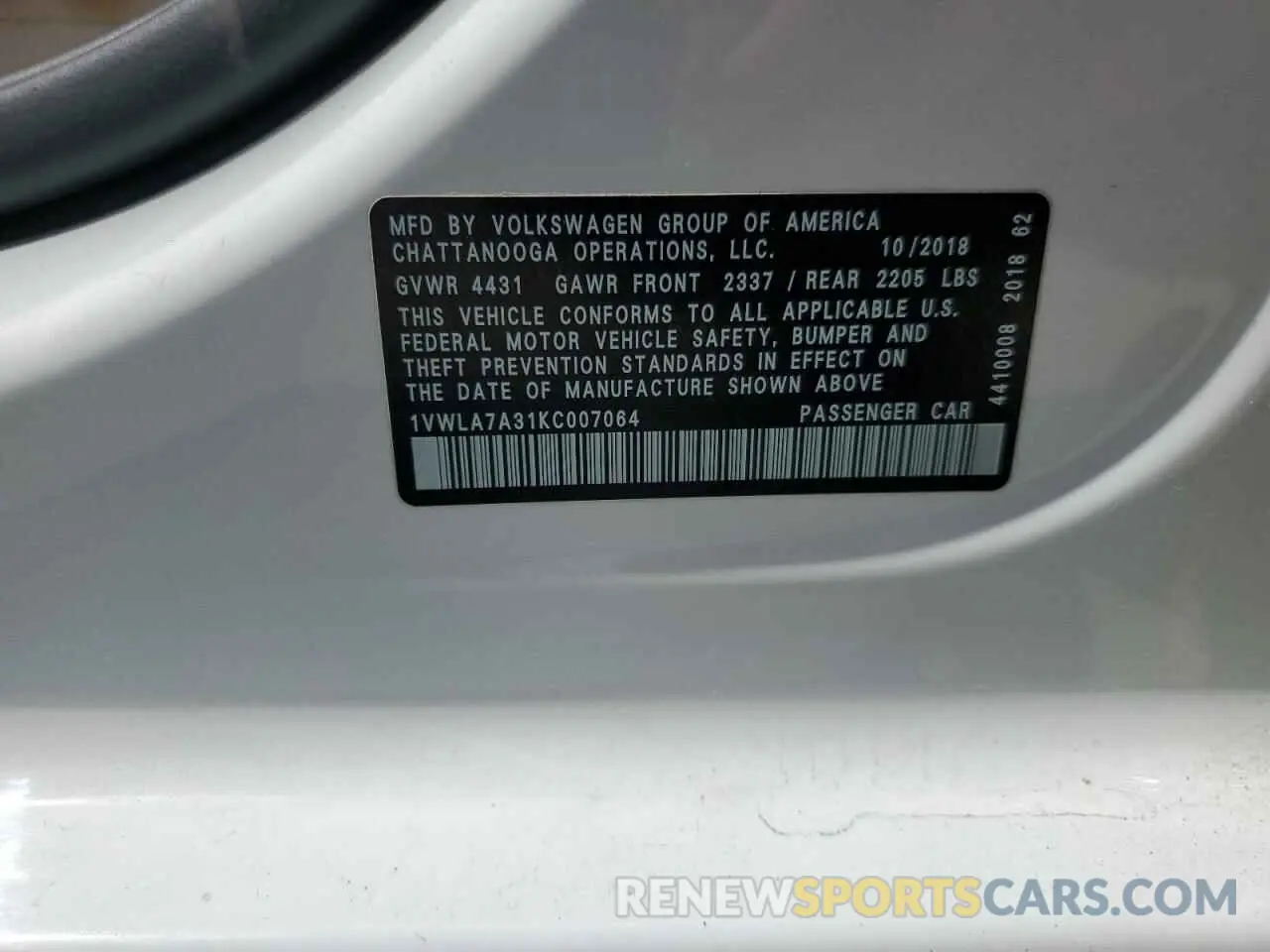 12 Photograph of a damaged car 1VWLA7A31KC007064 VOLKSWAGEN PASSAT 2019