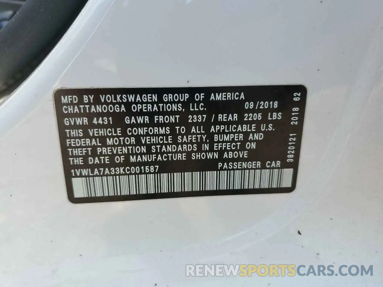 12 Photograph of a damaged car 1VWLA7A33KC001587 VOLKSWAGEN PASSAT 2019