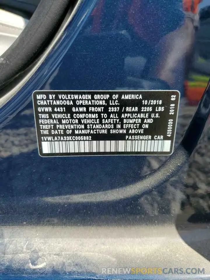 12 Photograph of a damaged car 1VWLA7A33KC005882 VOLKSWAGEN PASSAT 2019