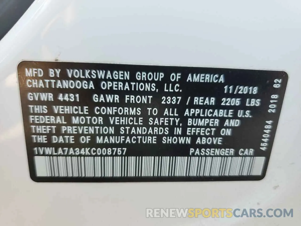 12 Photograph of a damaged car 1VWLA7A34KC008757 VOLKSWAGEN PASSAT 2019