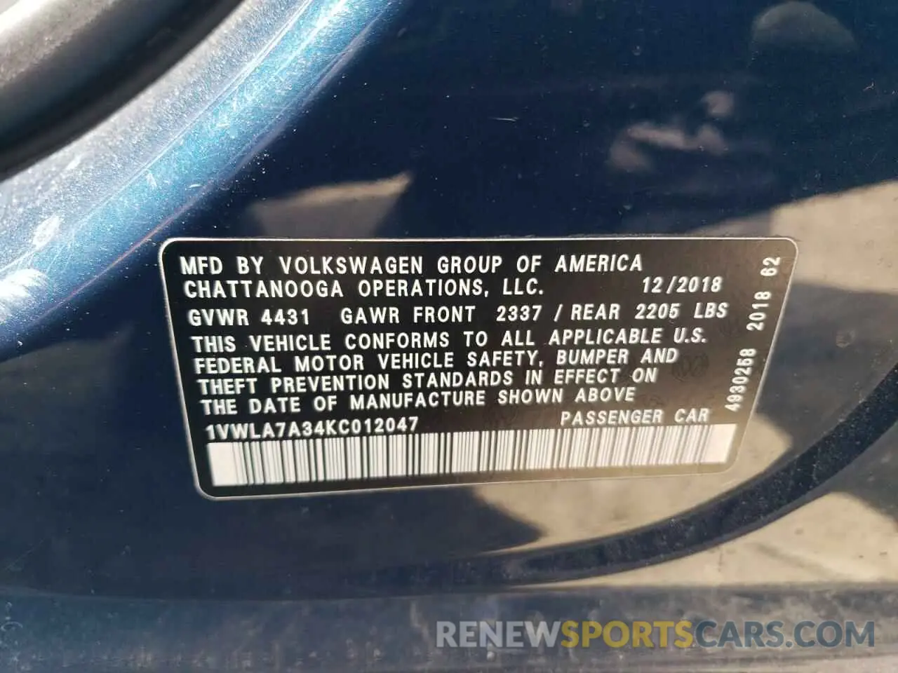 12 Photograph of a damaged car 1VWLA7A34KC012047 VOLKSWAGEN PASSAT 2019