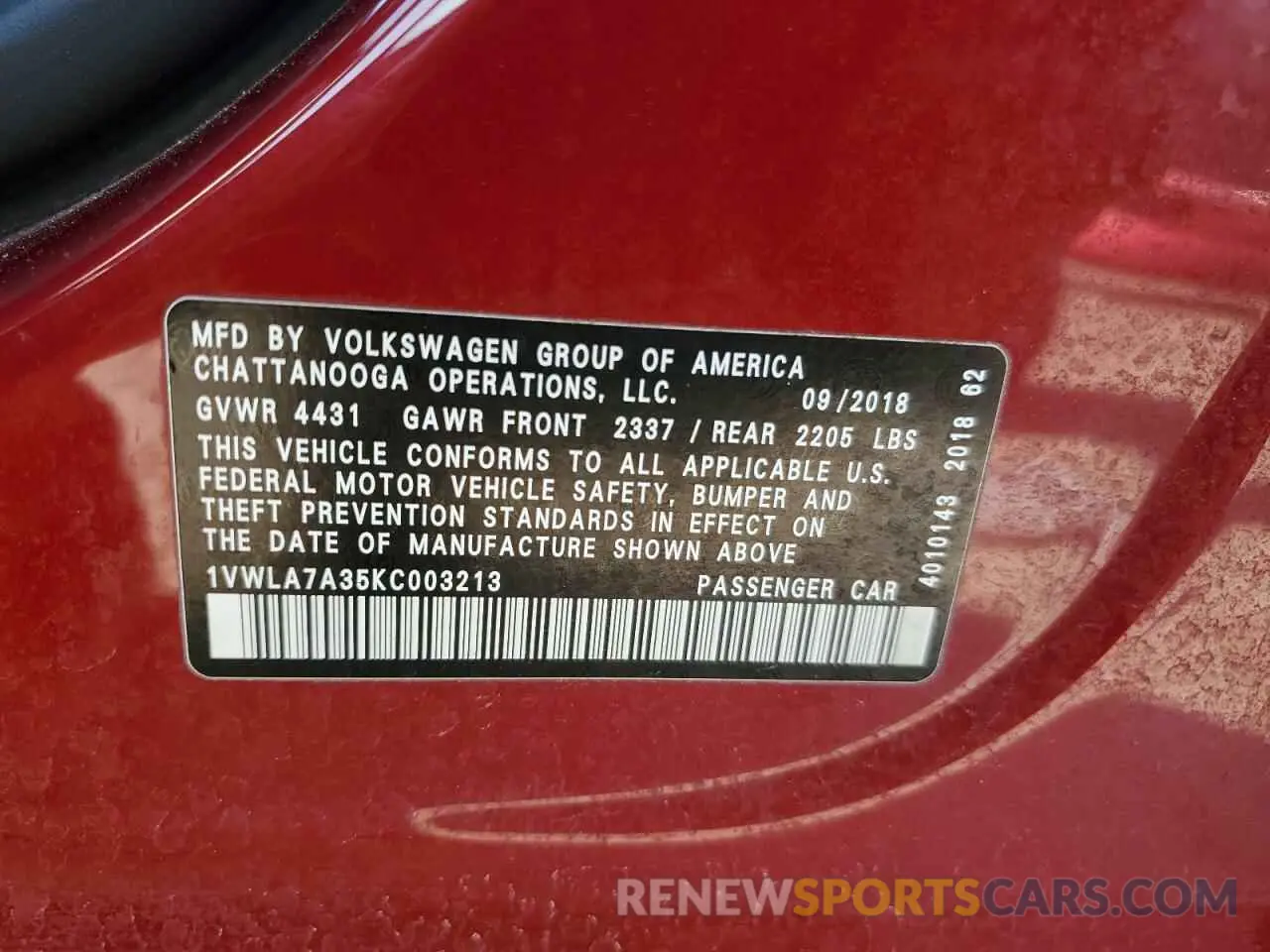 15 Photograph of a damaged car 1VWLA7A35KC003213 VOLKSWAGEN PASSAT 2019