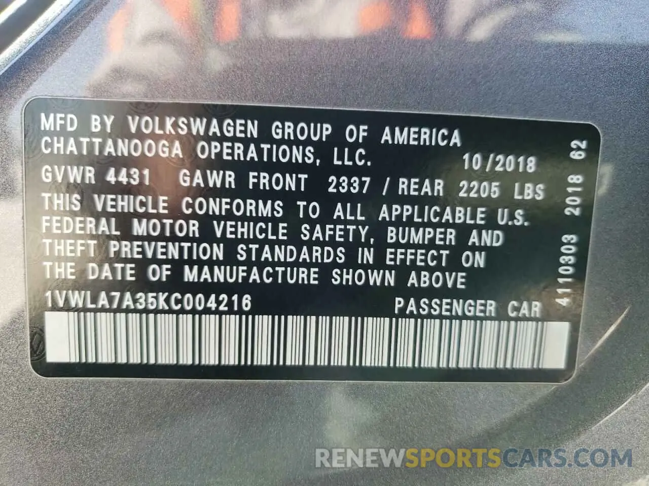 13 Photograph of a damaged car 1VWLA7A35KC004216 VOLKSWAGEN PASSAT 2019