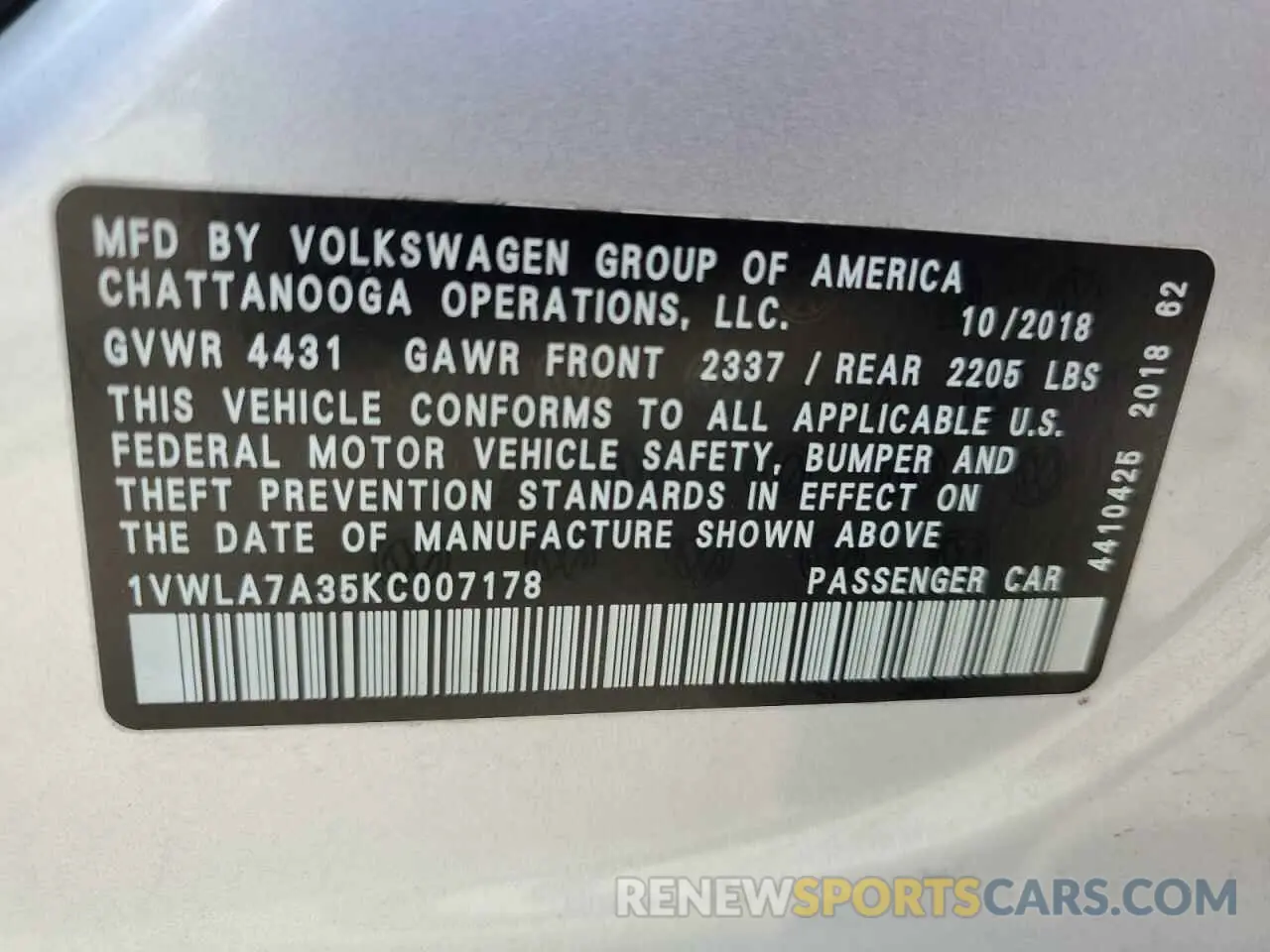 12 Photograph of a damaged car 1VWLA7A35KC007178 VOLKSWAGEN PASSAT 2019