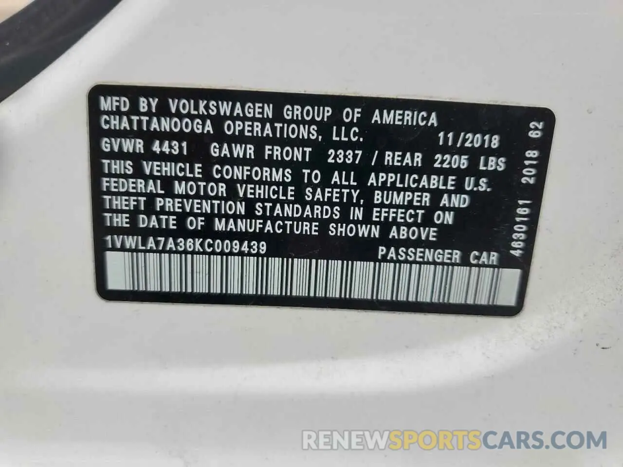 12 Photograph of a damaged car 1VWLA7A36KC009439 VOLKSWAGEN PASSAT 2019