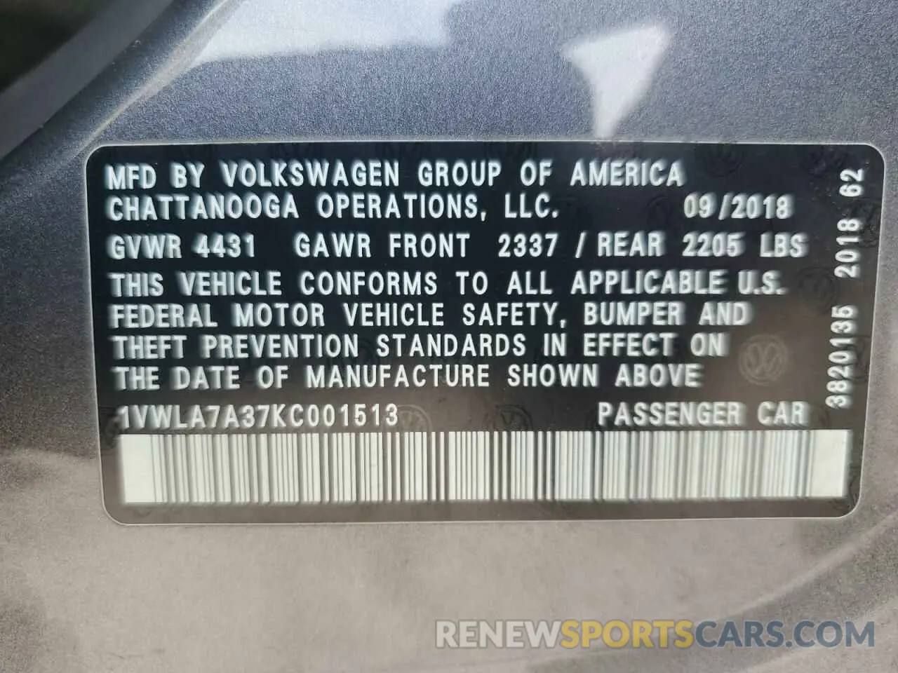 12 Photograph of a damaged car 1VWLA7A37KC001513 VOLKSWAGEN PASSAT 2019