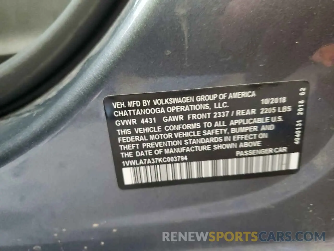 14 Photograph of a damaged car 1VWLA7A37KC003794 VOLKSWAGEN PASSAT 2019
