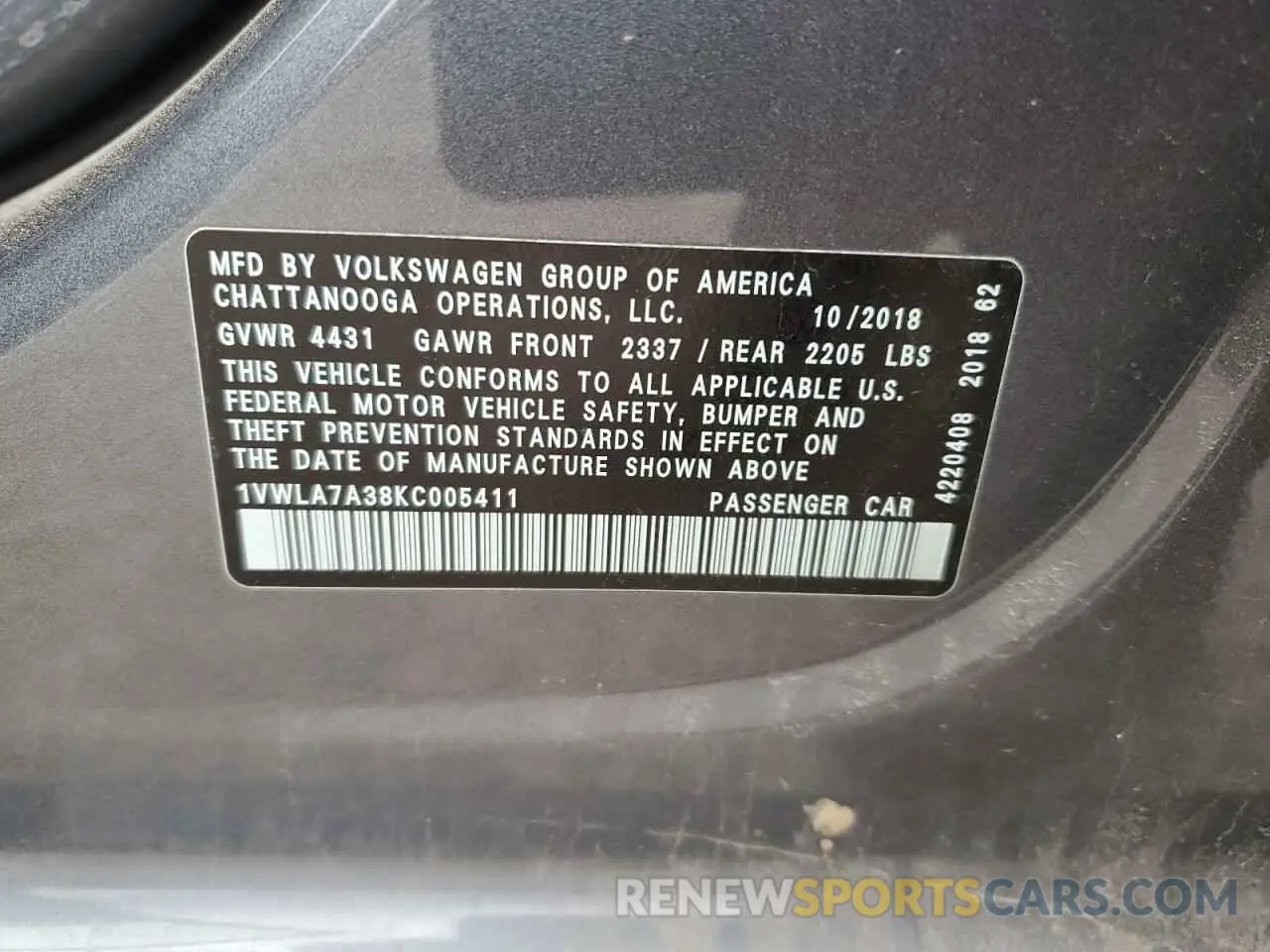 14 Photograph of a damaged car 1VWLA7A38KC005411 VOLKSWAGEN PASSAT 2019