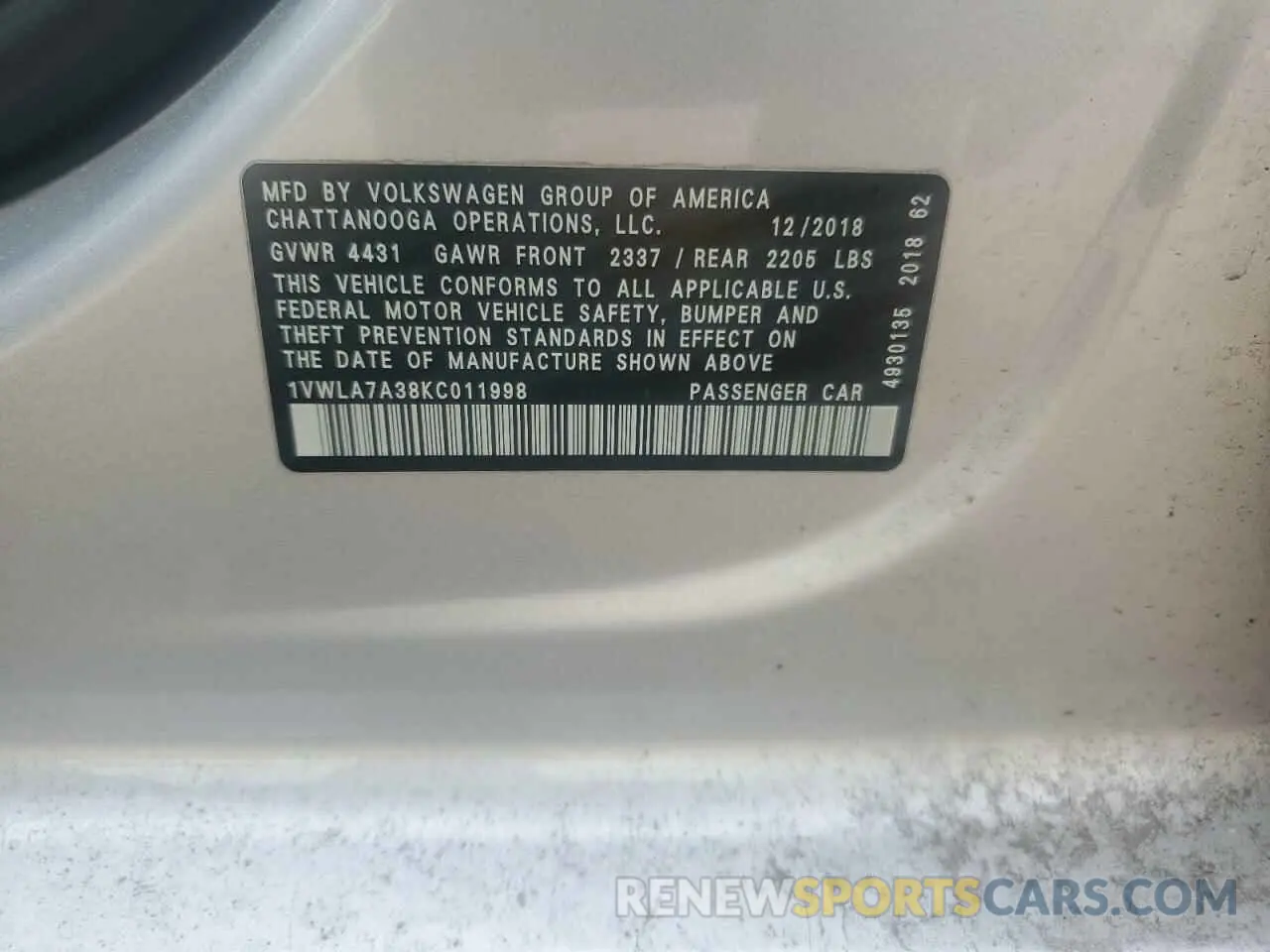 12 Photograph of a damaged car 1VWLA7A38KC011998 VOLKSWAGEN PASSAT 2019