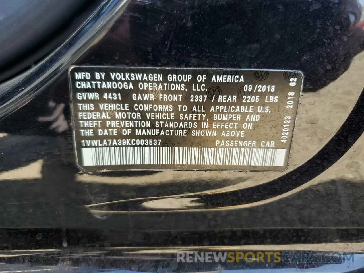13 Photograph of a damaged car 1VWLA7A39KC003537 VOLKSWAGEN PASSAT 2019