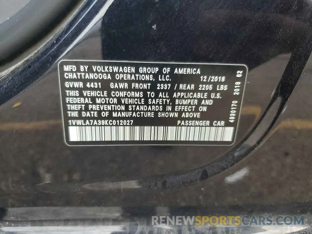 13 Photograph of a damaged car 1VWLA7A39KC012027 VOLKSWAGEN PASSAT 2019