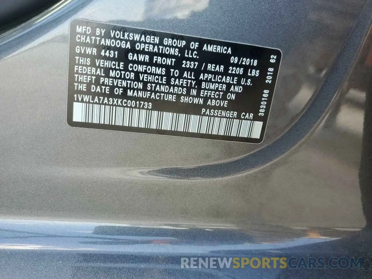 12 Photograph of a damaged car 1VWLA7A3XKC001733 VOLKSWAGEN PASSAT 2019