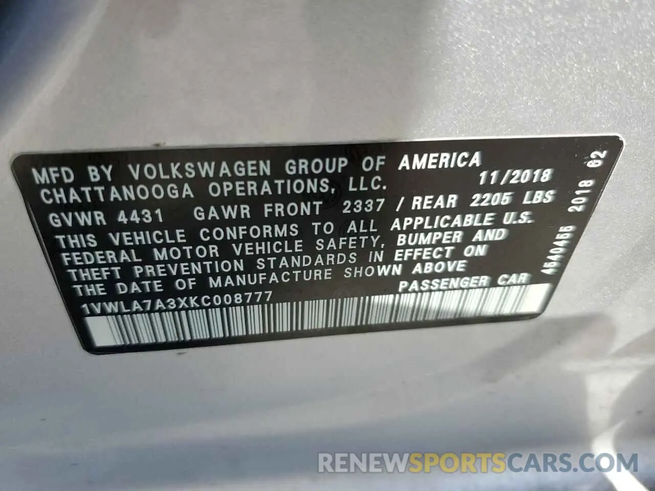 13 Photograph of a damaged car 1VWLA7A3XKC008777 VOLKSWAGEN PASSAT 2019
