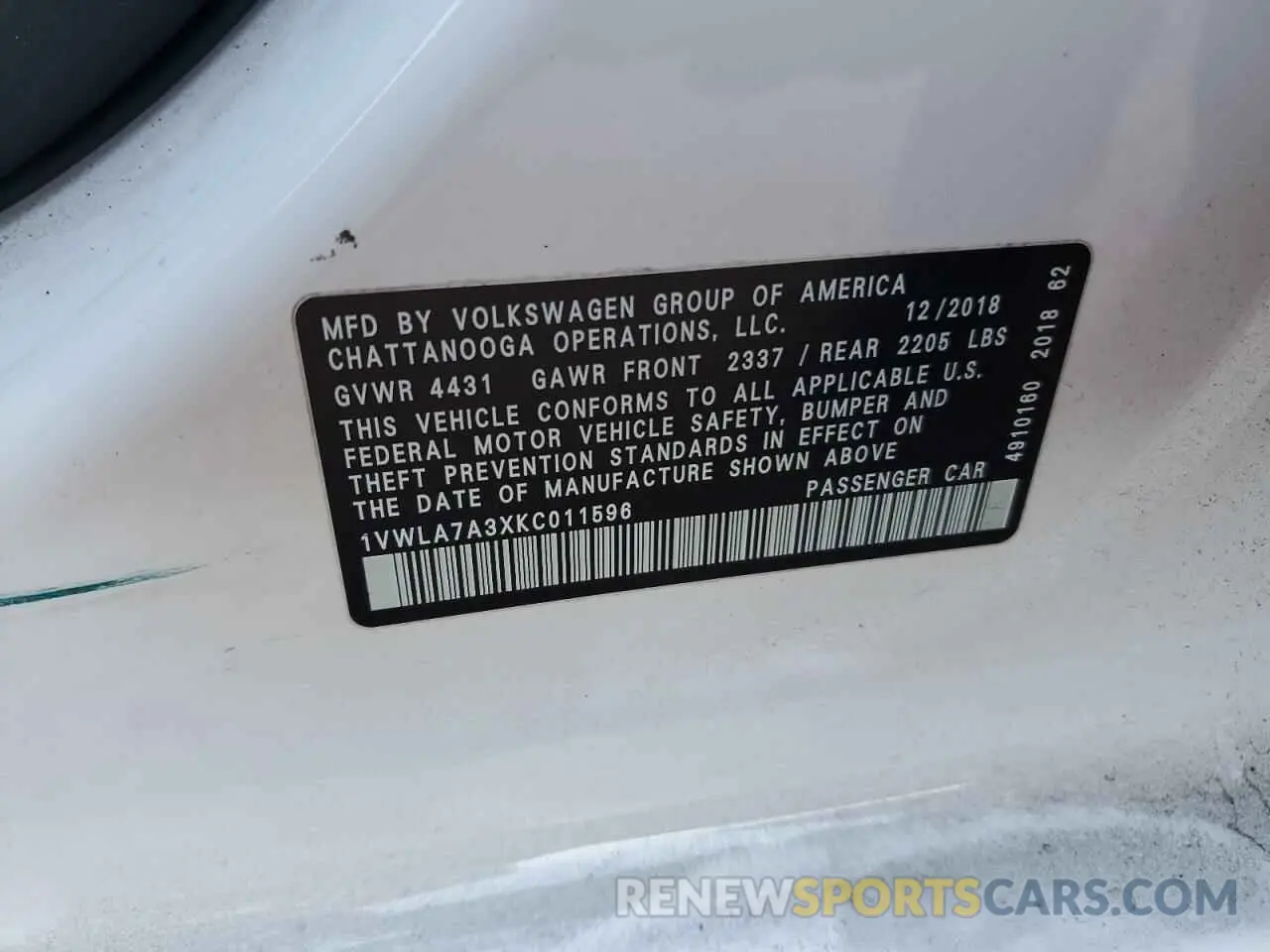 12 Photograph of a damaged car 1VWLA7A3XKC011596 VOLKSWAGEN PASSAT 2019