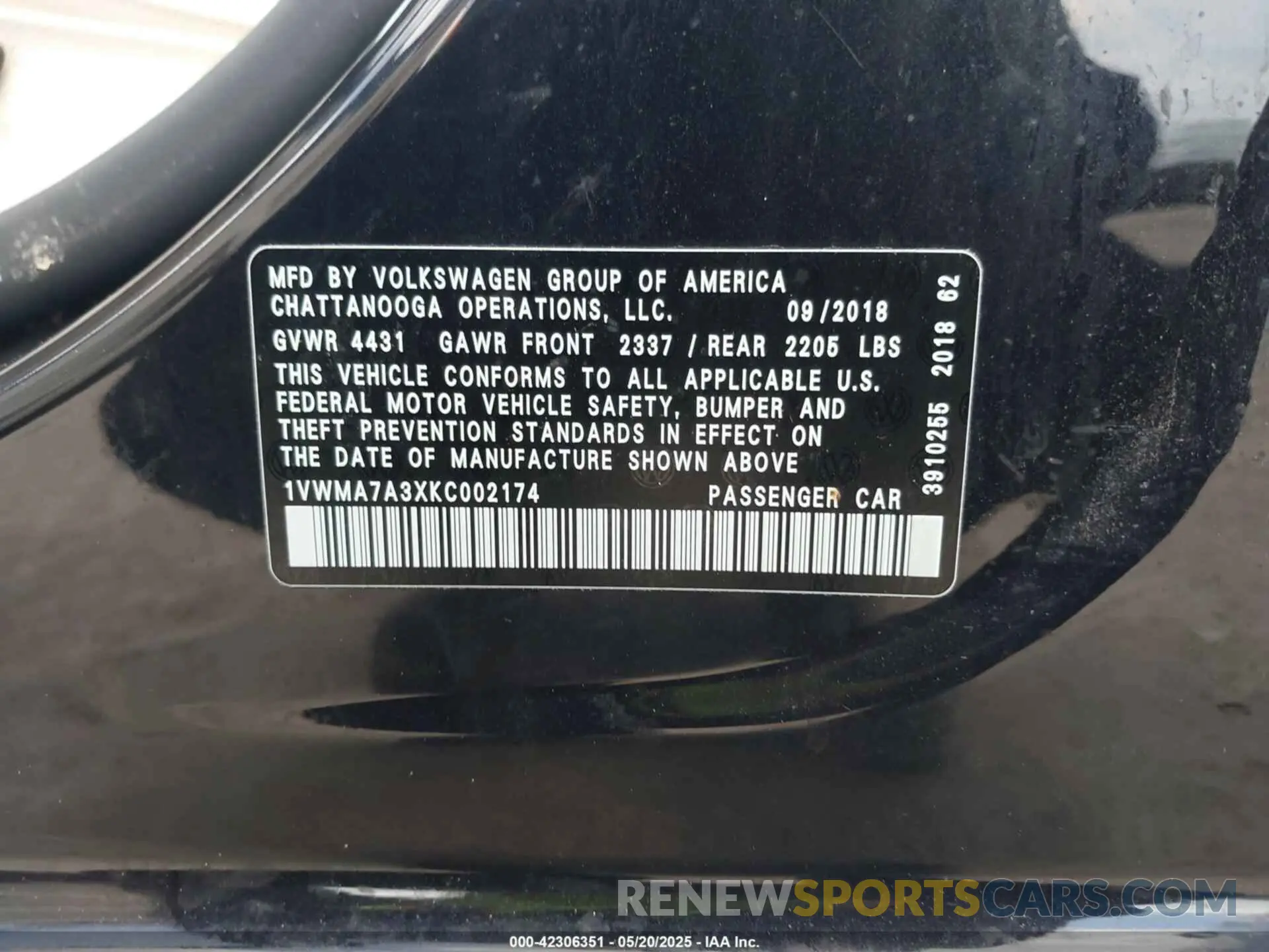 9 Photograph of a damaged car 1VWMA7A3XKC002174 VOLKSWAGEN PASSAT 2019
