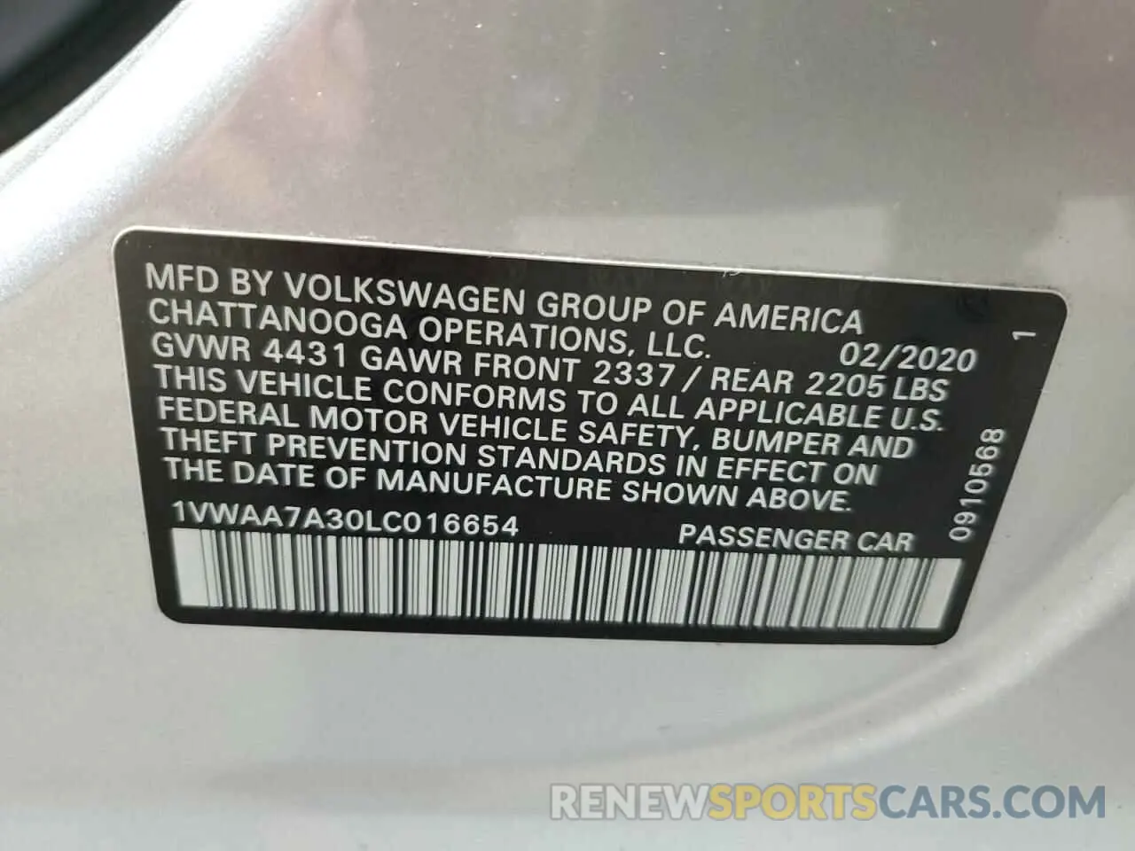 13 Photograph of a damaged car 1VWAA7A30LC016654 VOLKSWAGEN PASSAT 2020