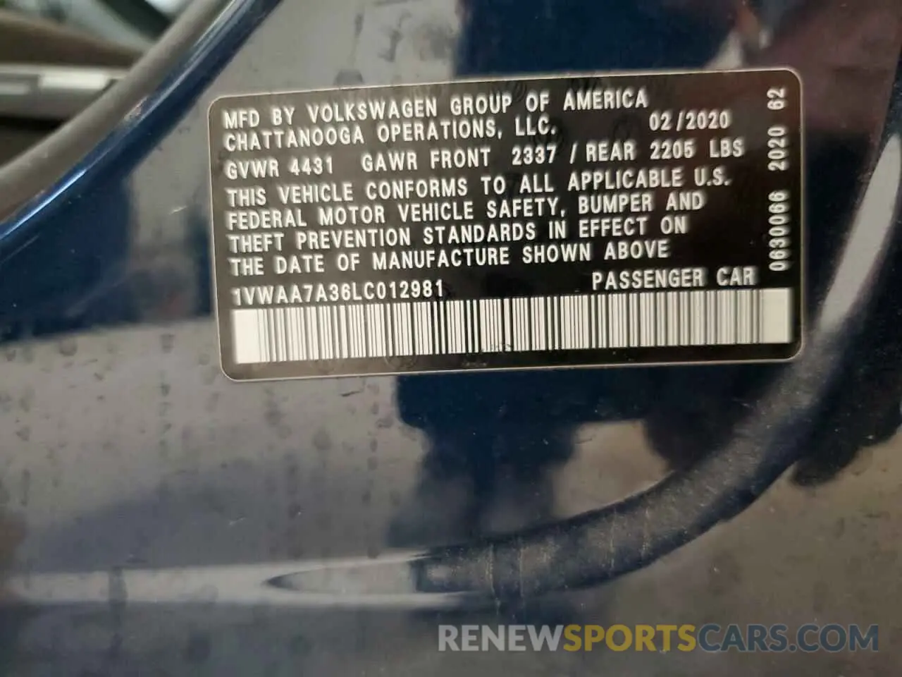 12 Photograph of a damaged car 1VWAA7A36LC012981 VOLKSWAGEN PASSAT 2020