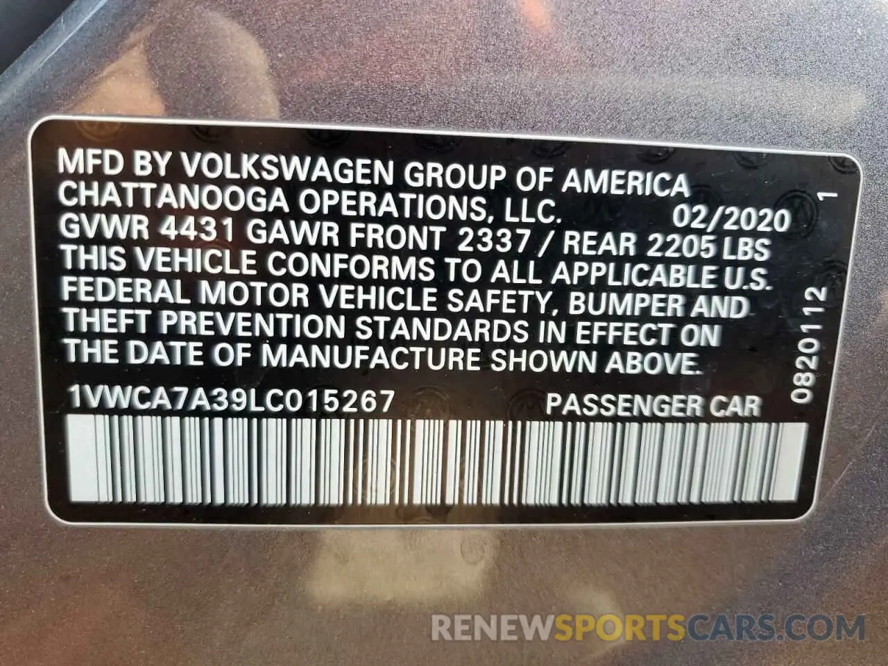 14 Photograph of a damaged car 1VWCA7A39LC015267 VOLKSWAGEN PASSAT 2020